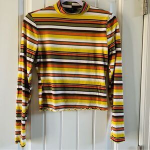 Forever 21 Retro Style Striped Mock Neck Long Sleeve Ruffle Trim Shirt | Medium